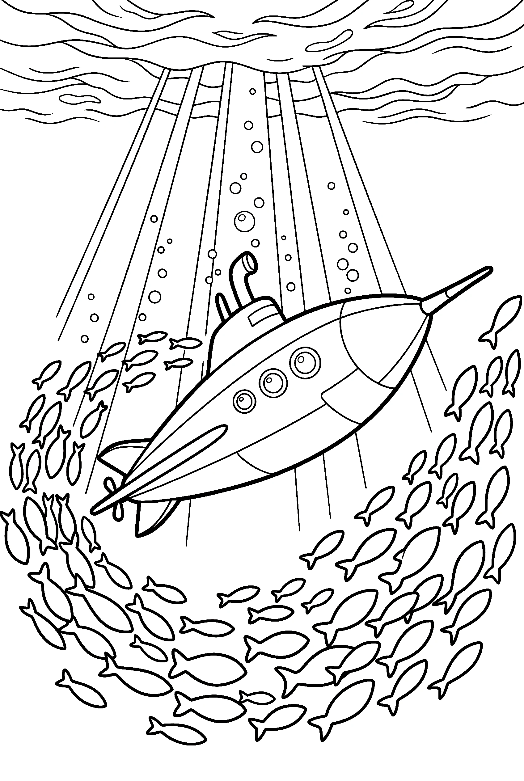 submarine through fish school drawing