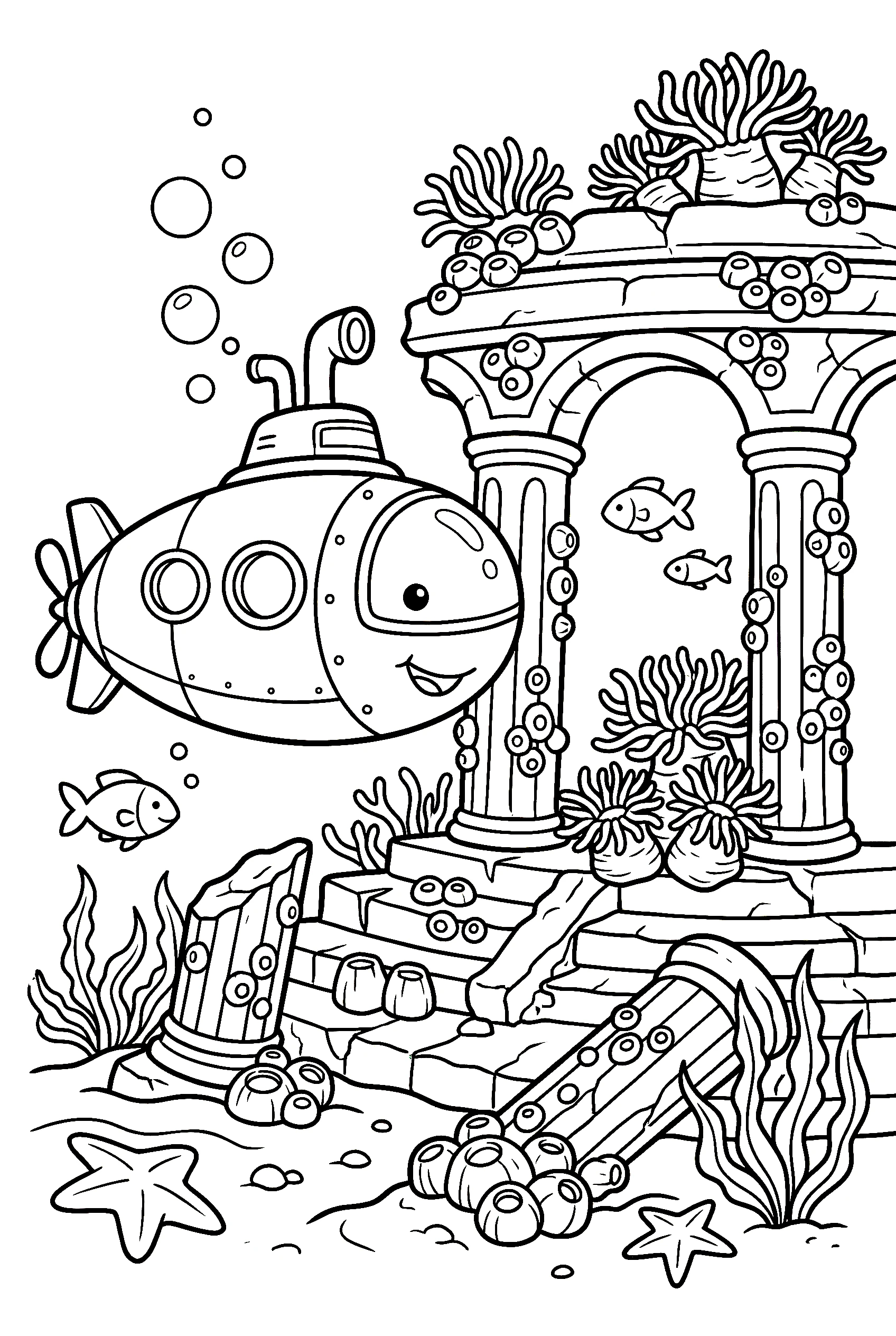 submarine underwater ruins coloring pages
