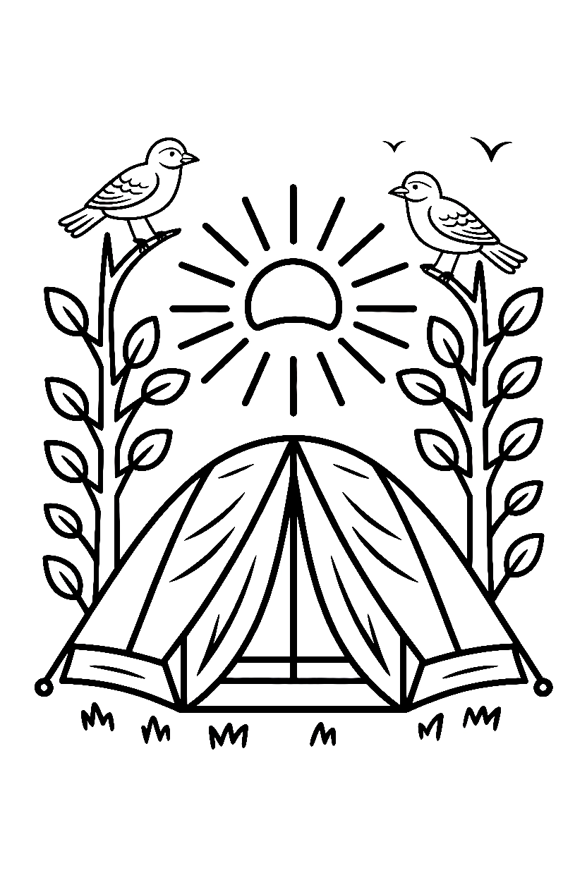 sunrise campsite tent fabric birds branches coloring pages