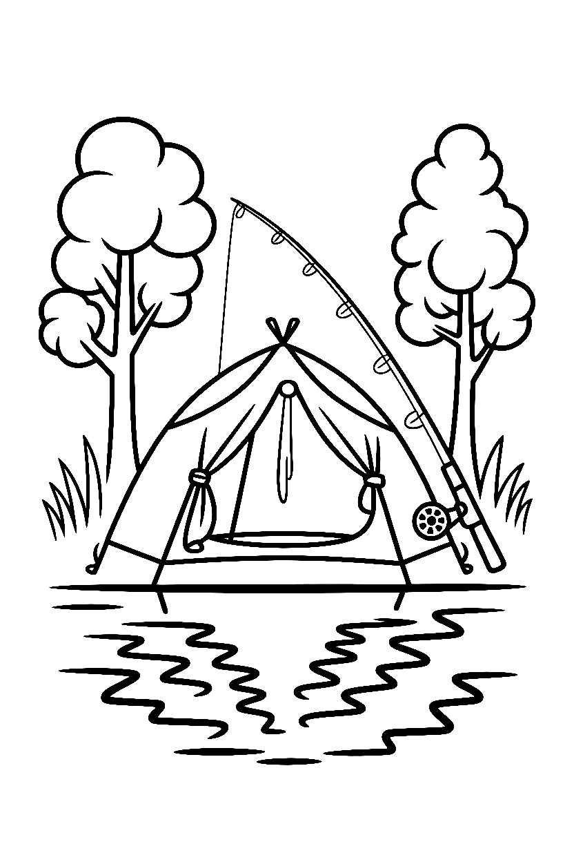 tent lakeside fishing rod reflection coloring pages