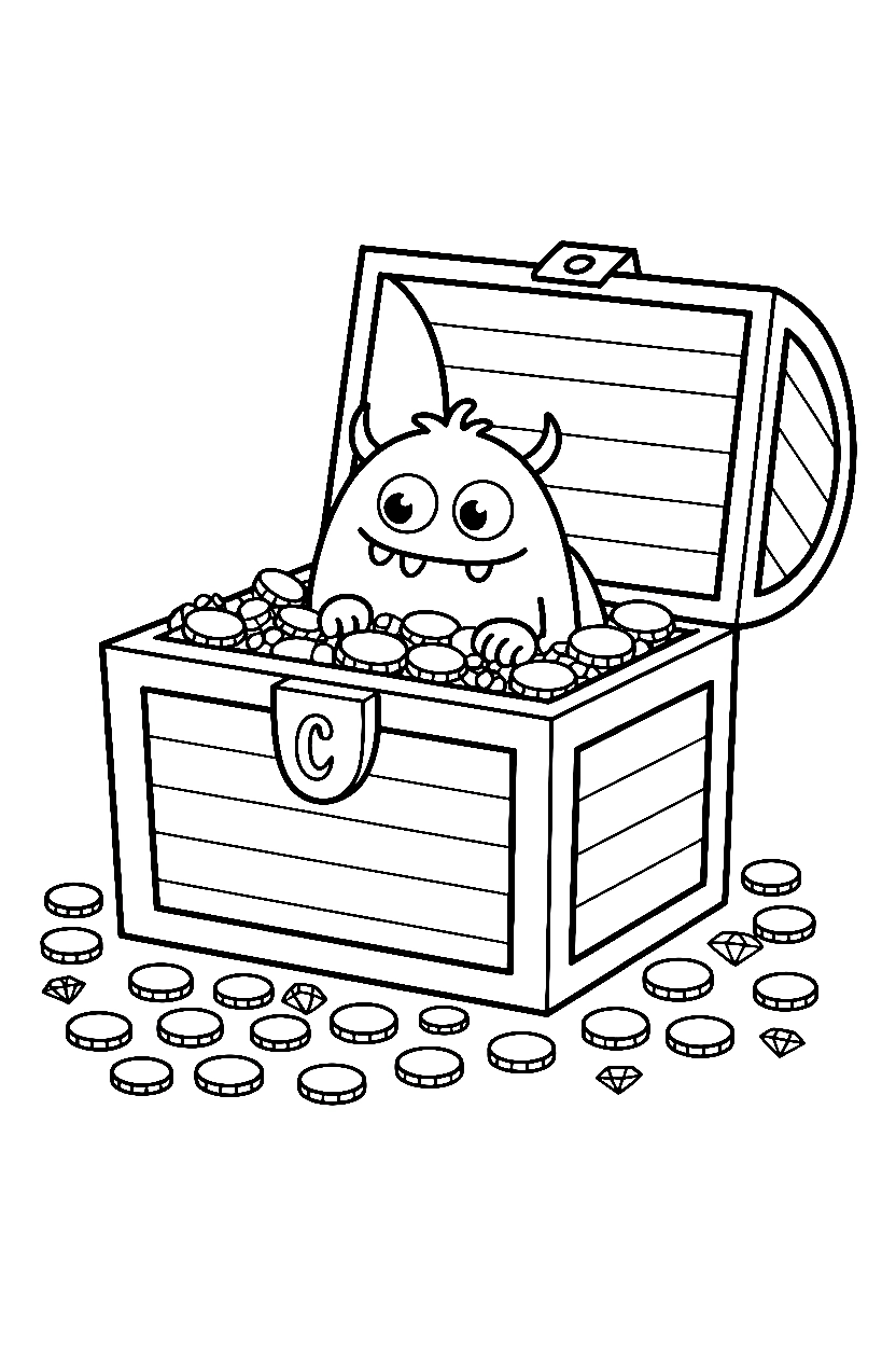 tiny monster treasure chest coins gems coloring pages
