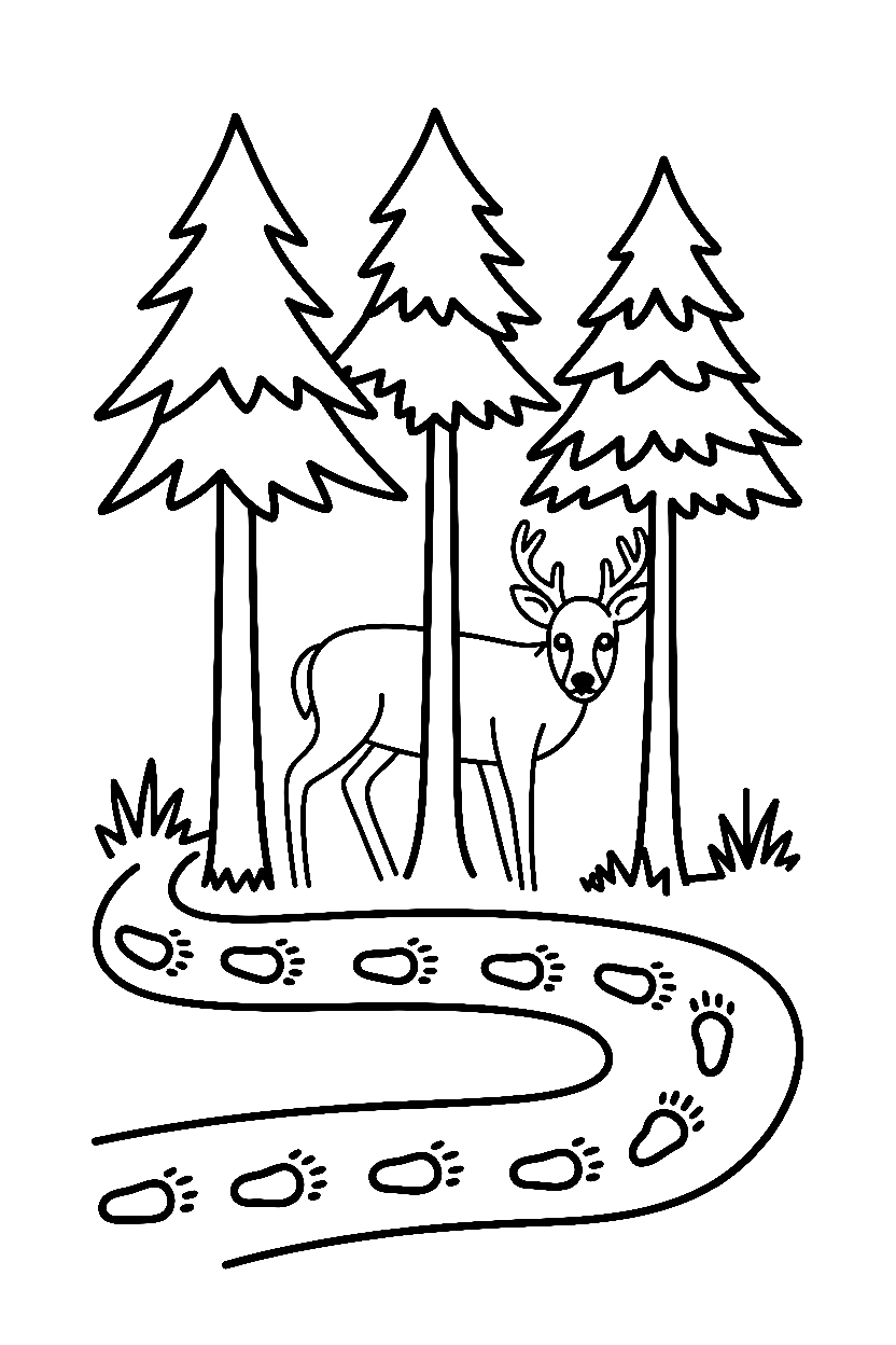 trail pine trees footprints deer coloring pages