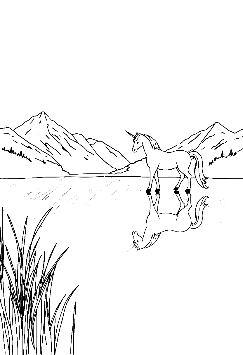 unicorn lake reflection mountains coloring pages