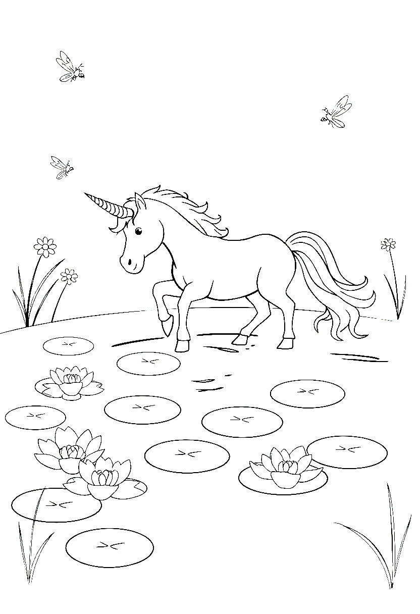 unicorn pond lilypads drinking coloring pages
