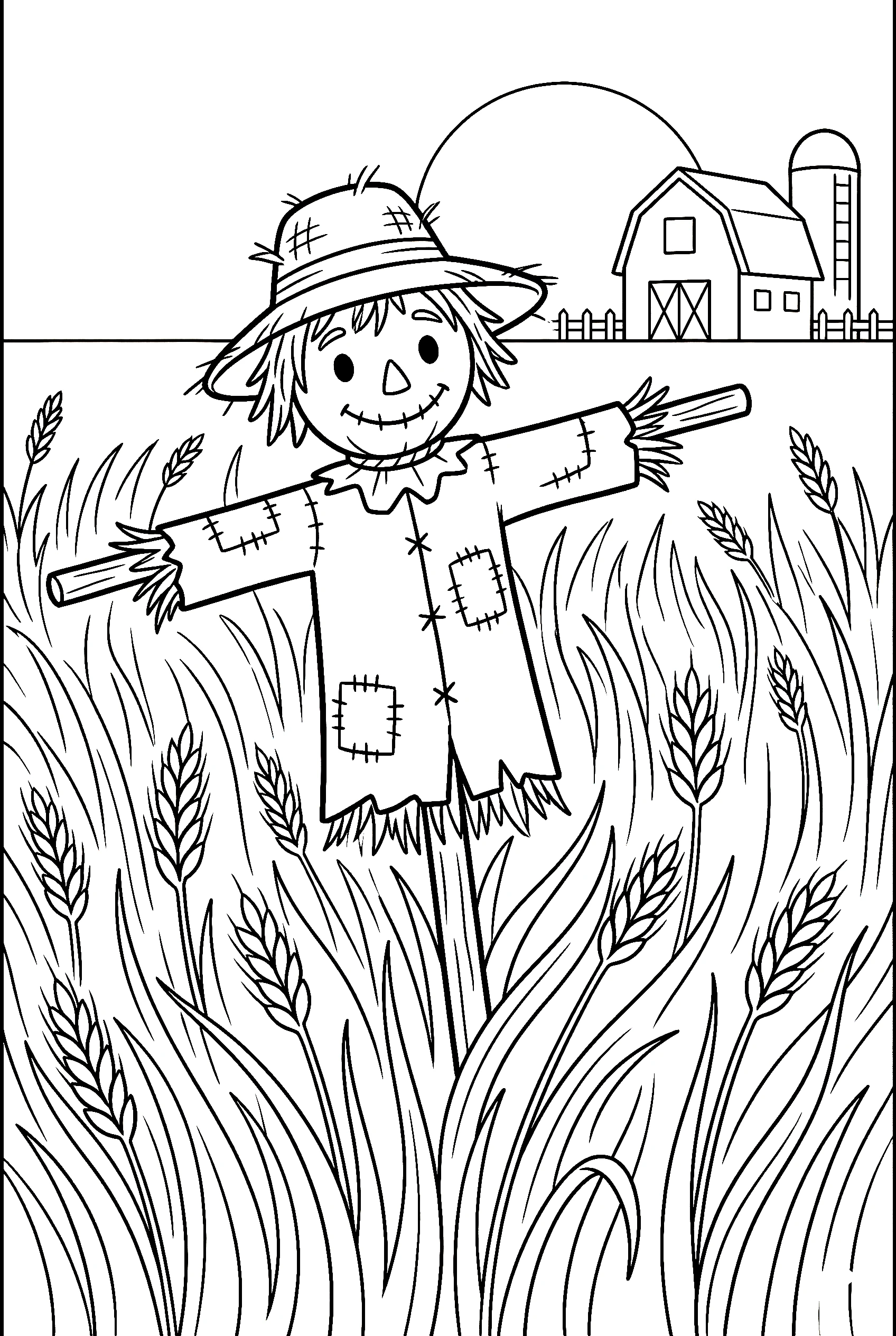 wheat field scarecrow barn background coloring pages