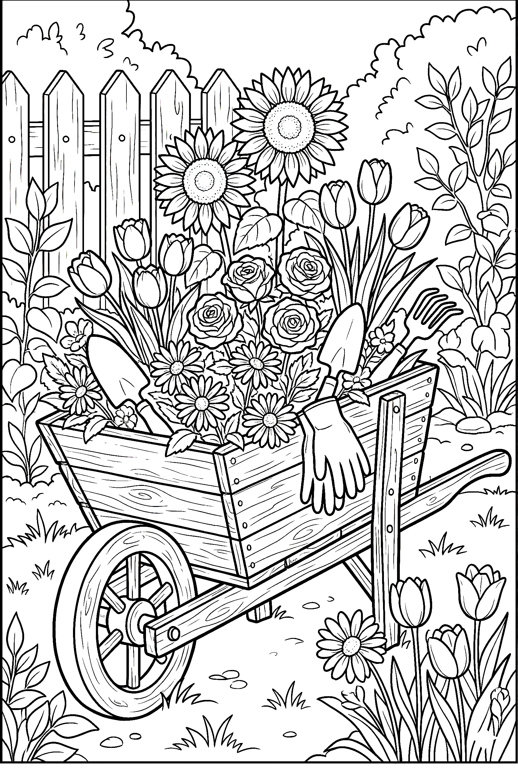 wheelbarrow flowers garden coloring pages