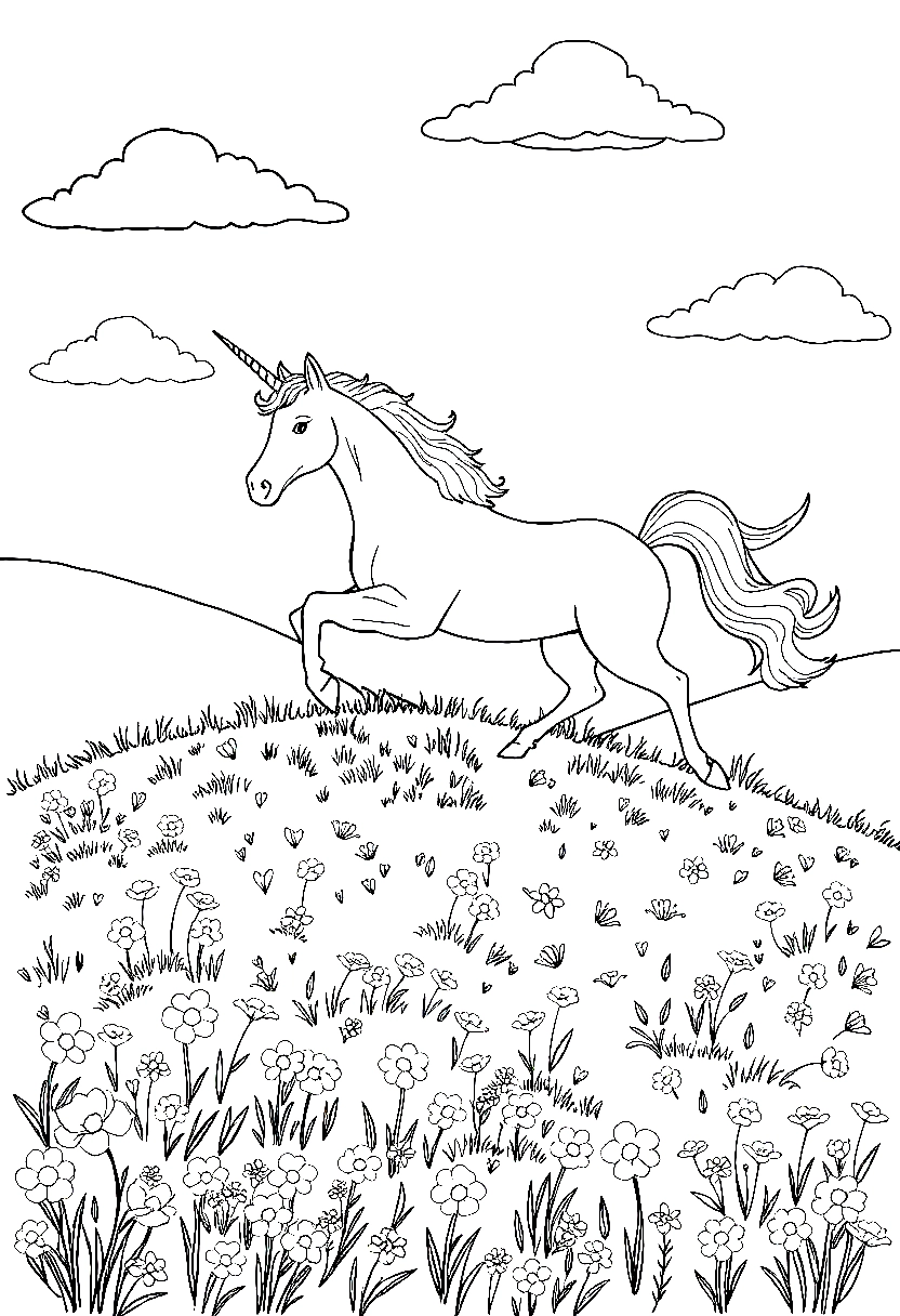 white unicorn hillside gallop coloring pages