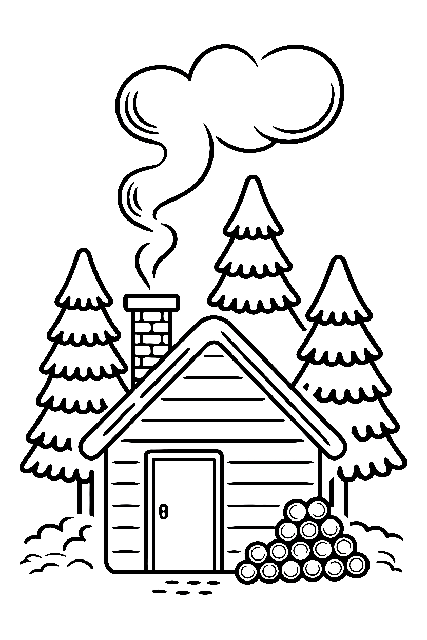 winter cabin pine trees coloring pages