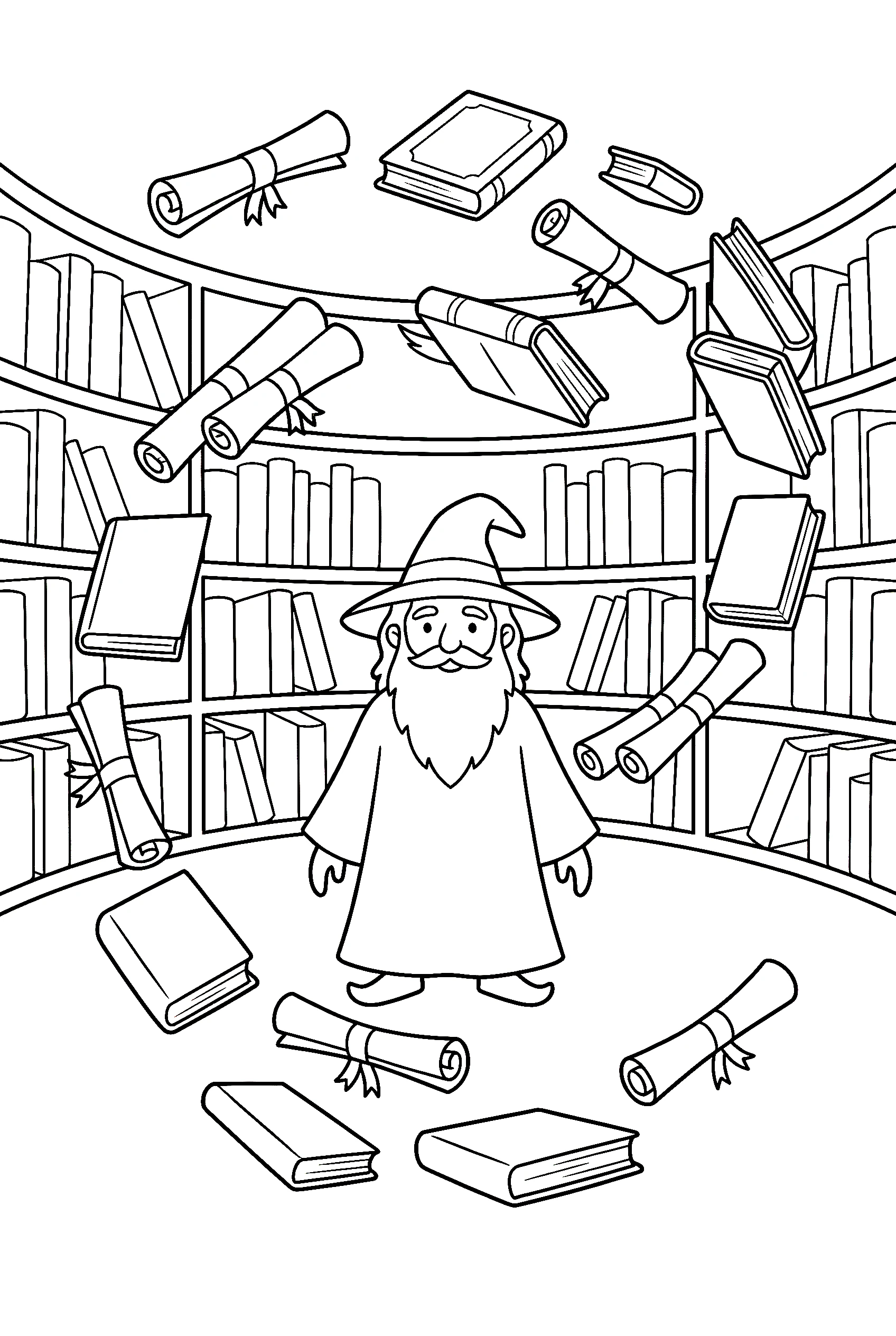 wizard levitating books library coloring pages