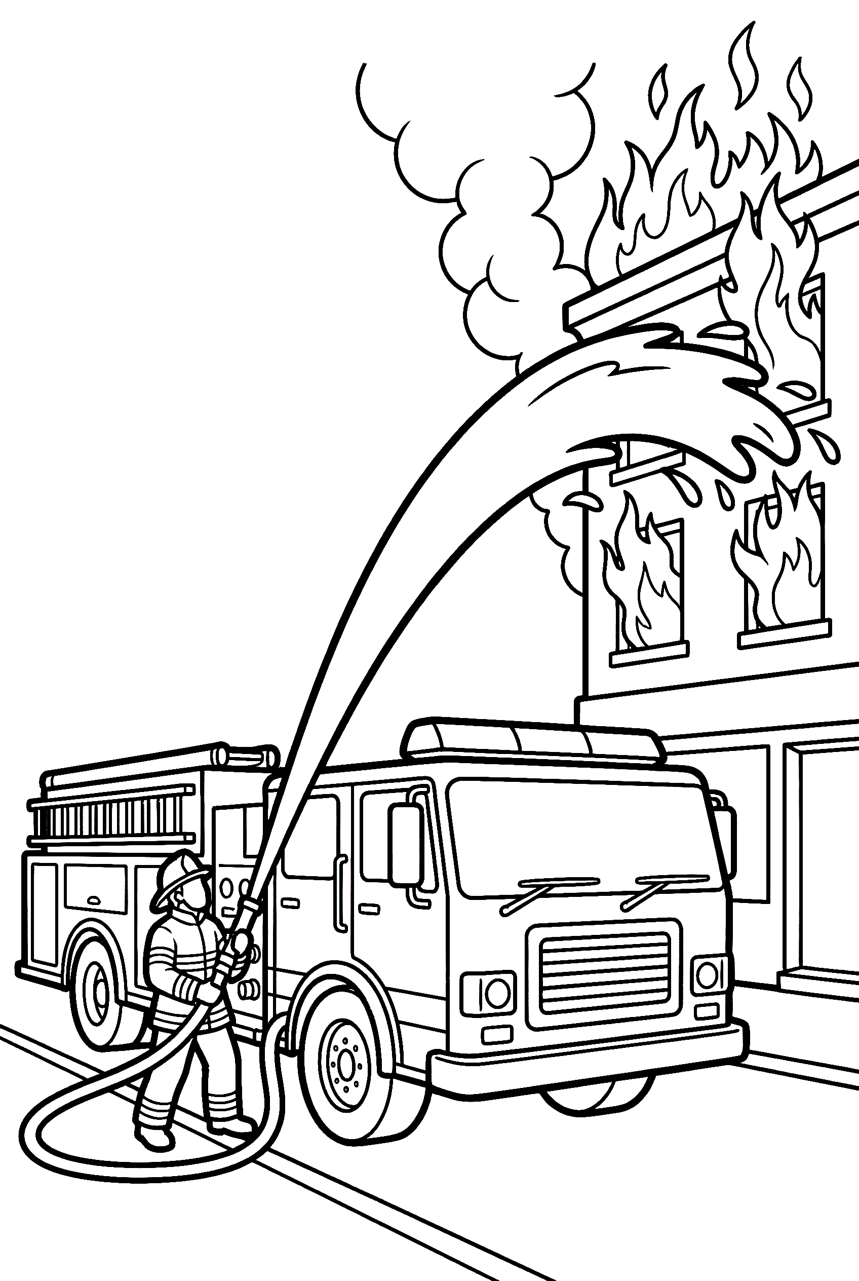 fire truck spraying water flames drawing